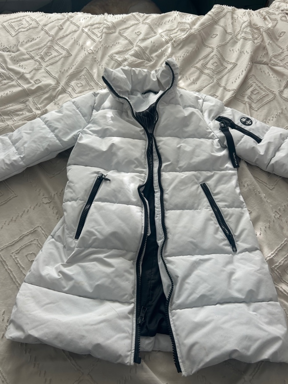 Nautica White Quilted Puffer Coat with Black Trim